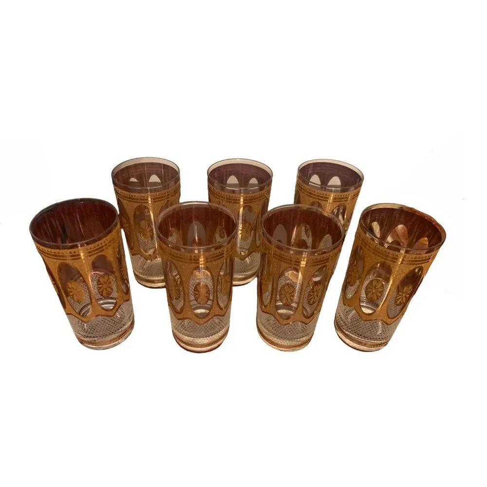 Vintage MCM Culver Regency White 22K Gold Diamond Highball Glasses - Set of 7